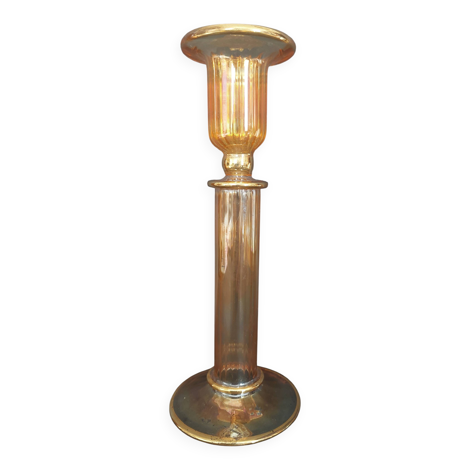 Bougeoir en verre transparent filets or Murano vintage