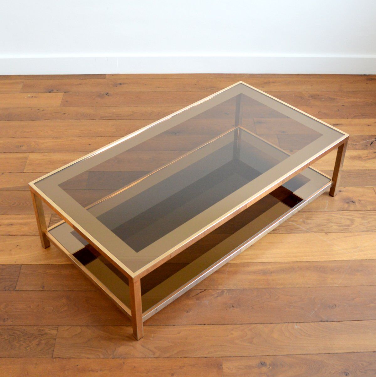 Coffee table in gold plated and smoked glass Belgo Chrom 70s / 80s