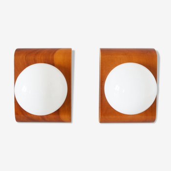 Pair of wood and opaline globe sconces