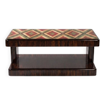 An Art Deco coffee table made of beech wood, rosewood, and marquetry.