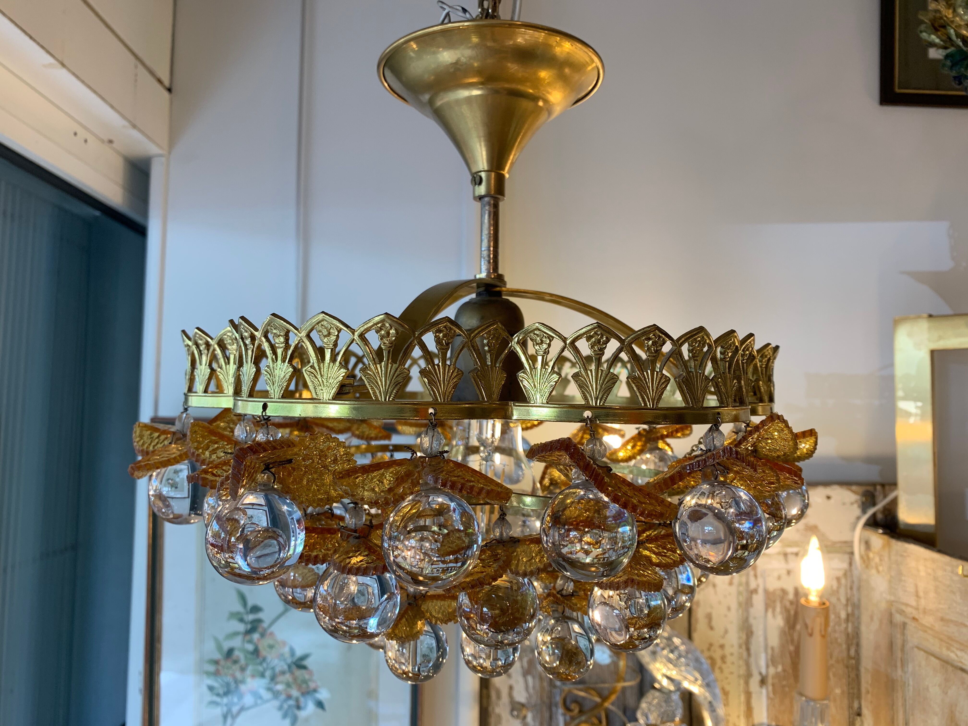 Murano ceiling light yellow flowers and glass balls 1970