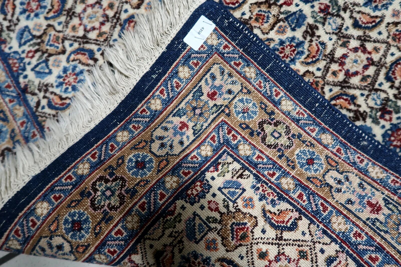 1950s handmade wool floral rug, ivory and blue, 98 × 145 cm
