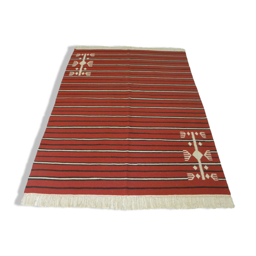 Tapis kilim berbère tunisien kelim ethnique nomade rouge avec rayure  24x170cm | Selency