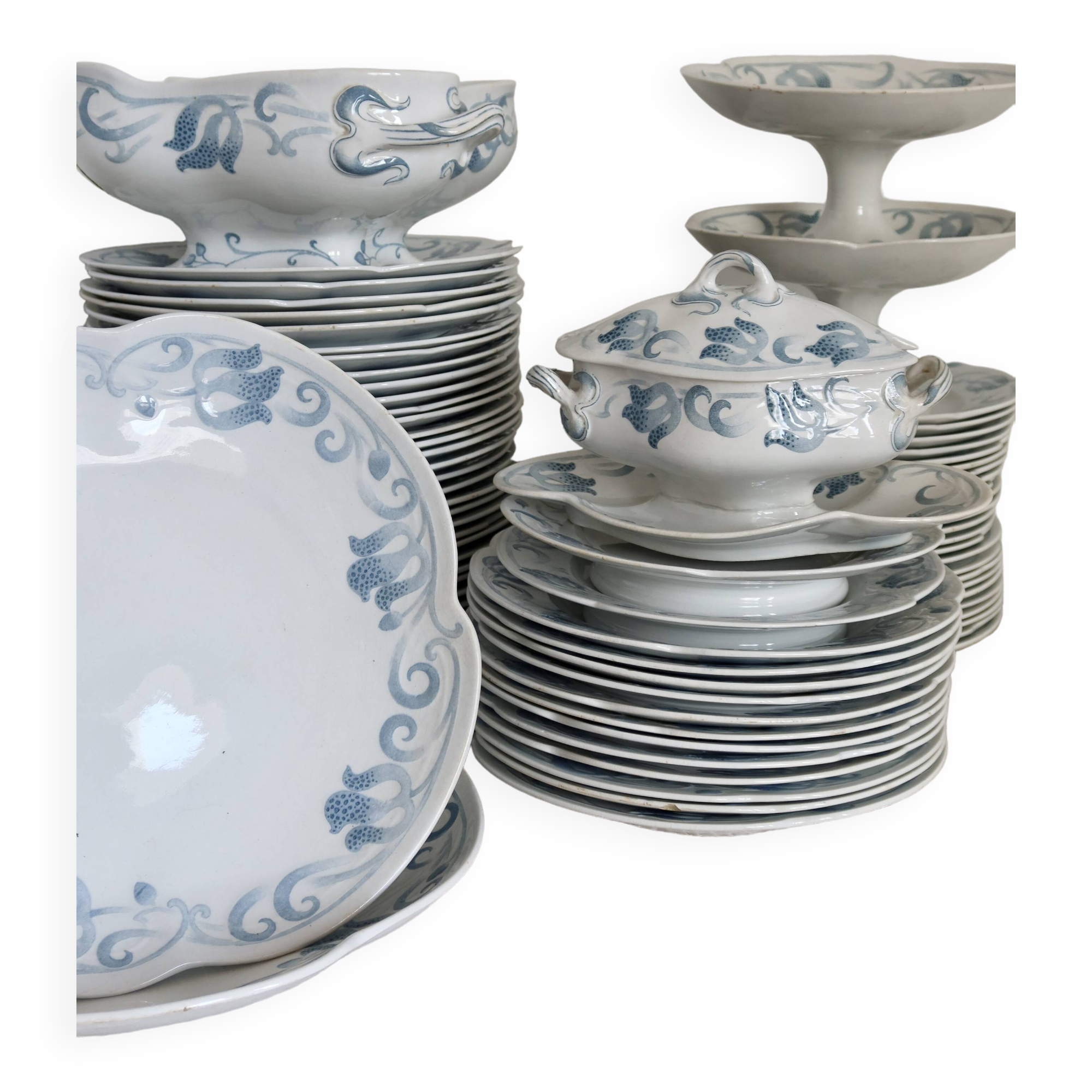 6 flat plates - Antique tableware set 82 pieces Sarreguemines earthenware Art Nouveau style