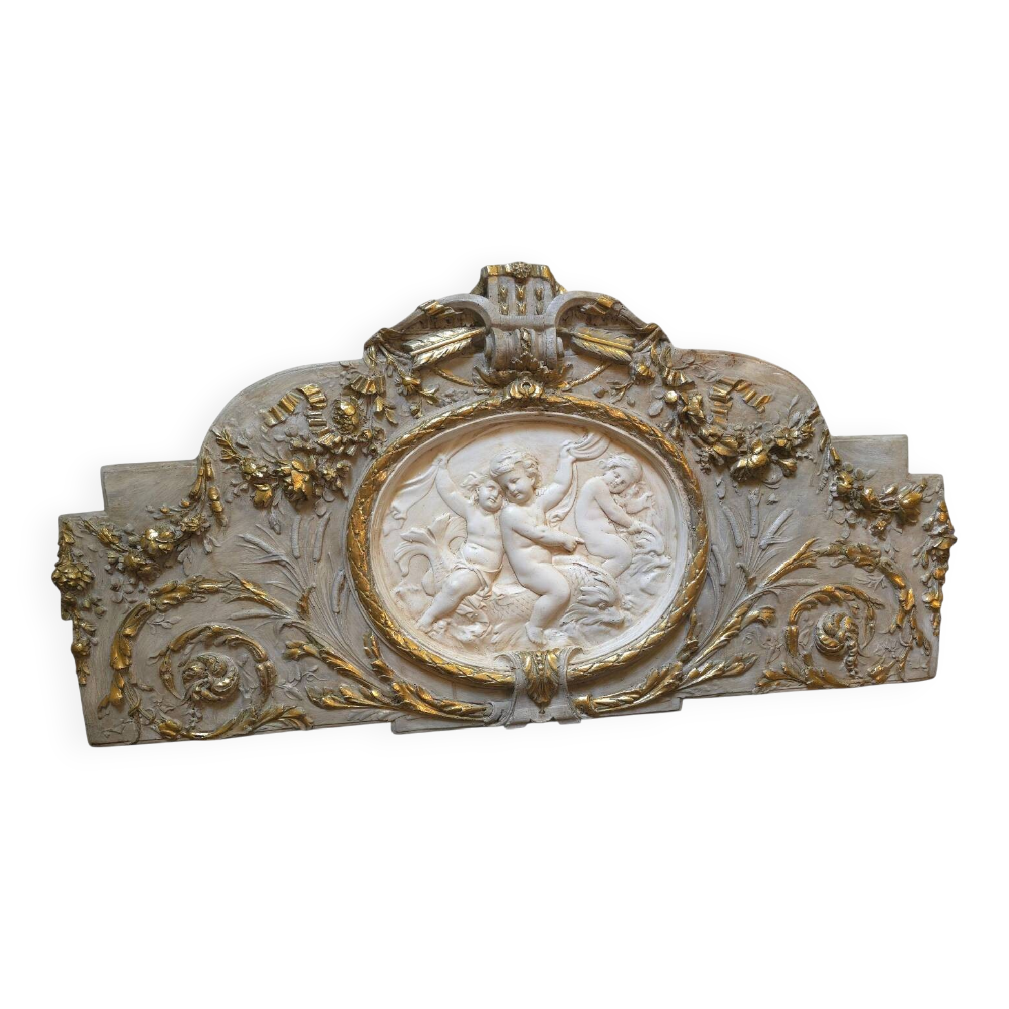 Wall panel with angels in patinated stucco