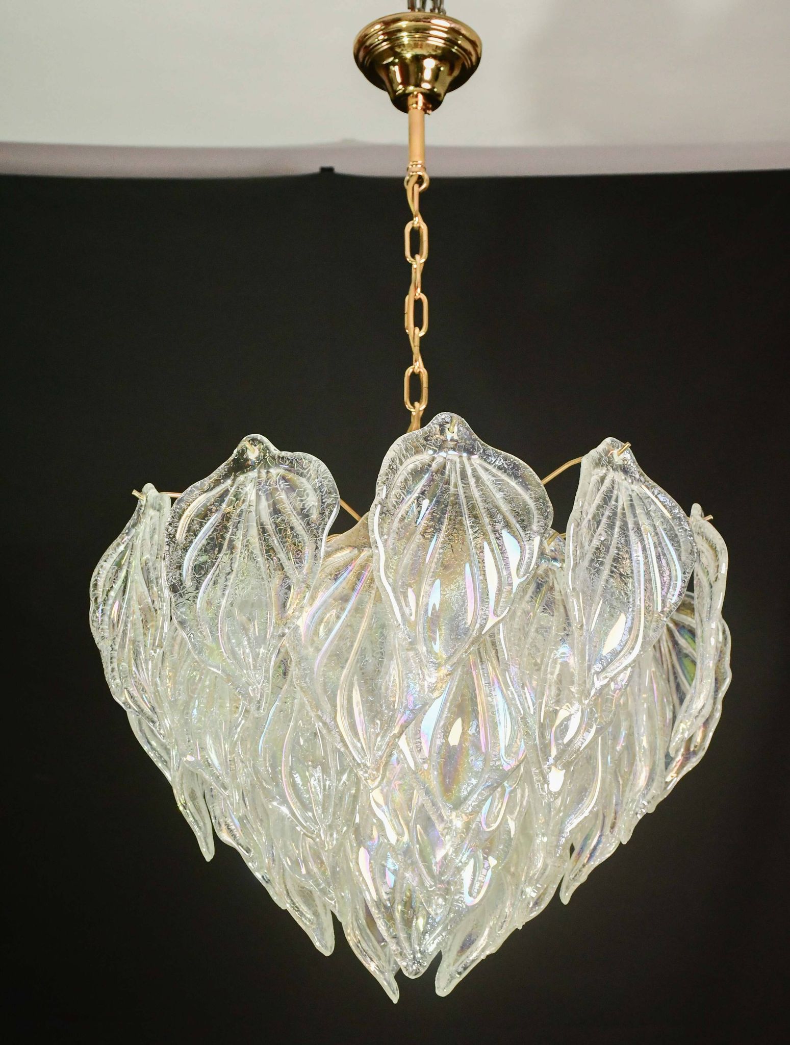 Superbe grand lustre en verre de Murano avec feuilles arc-en-ciel