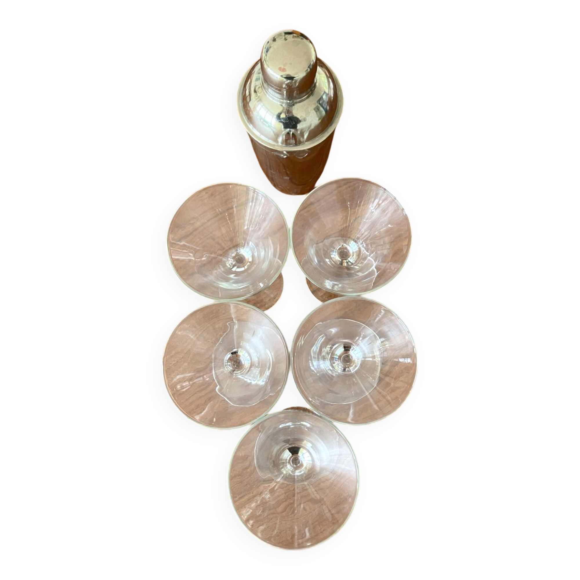 Shaker and five cocktail glasses