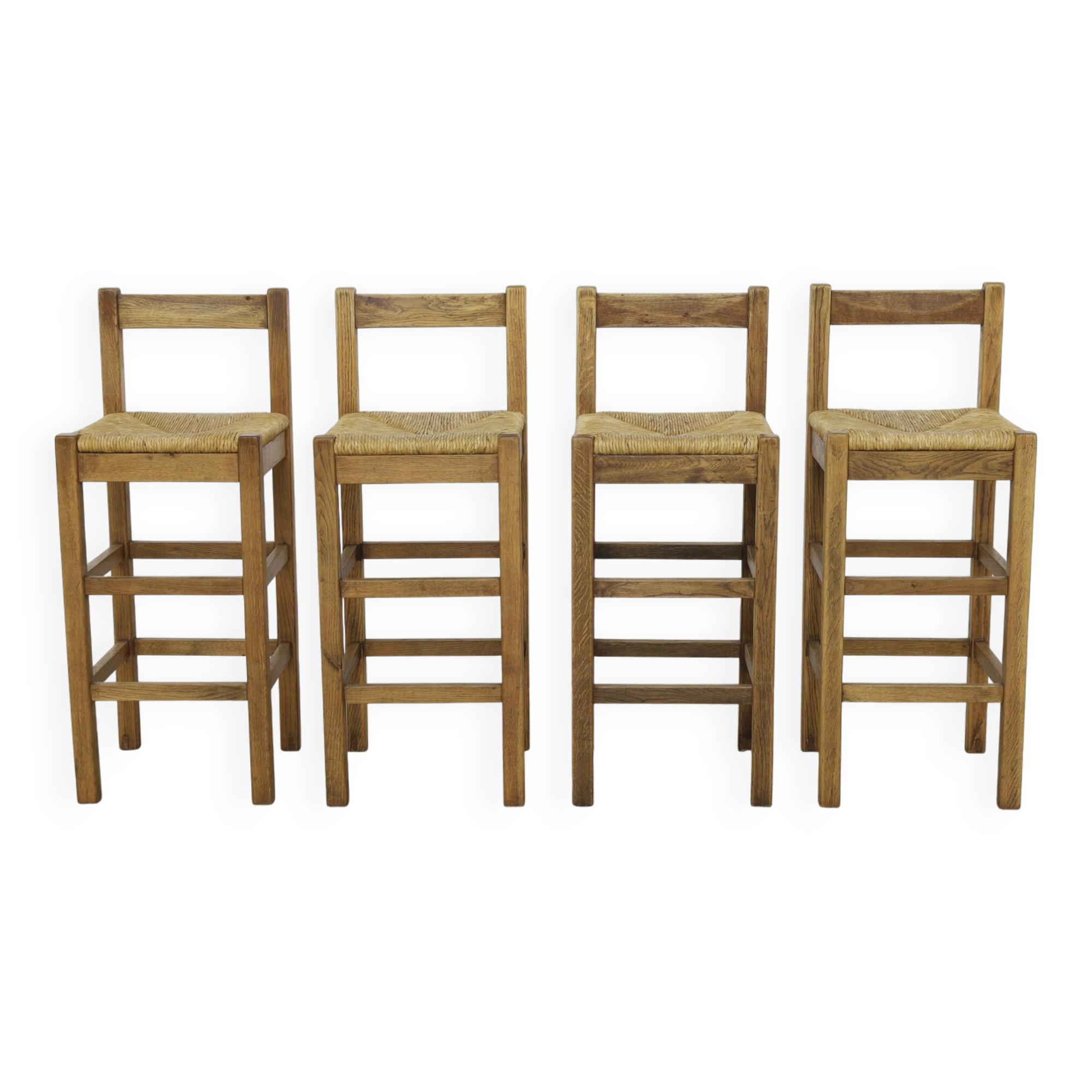 Tabourets de bar vintage en chêne et rotin, années 1970, lot de 4