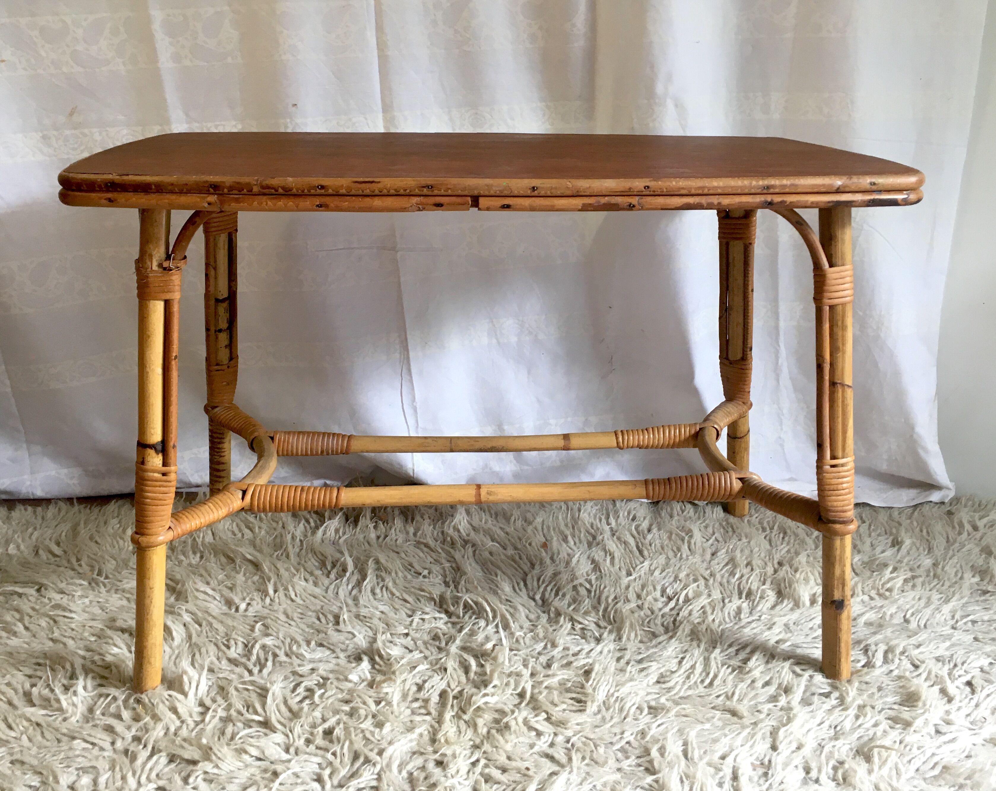 Wood and rattan coffee table - 1960s
