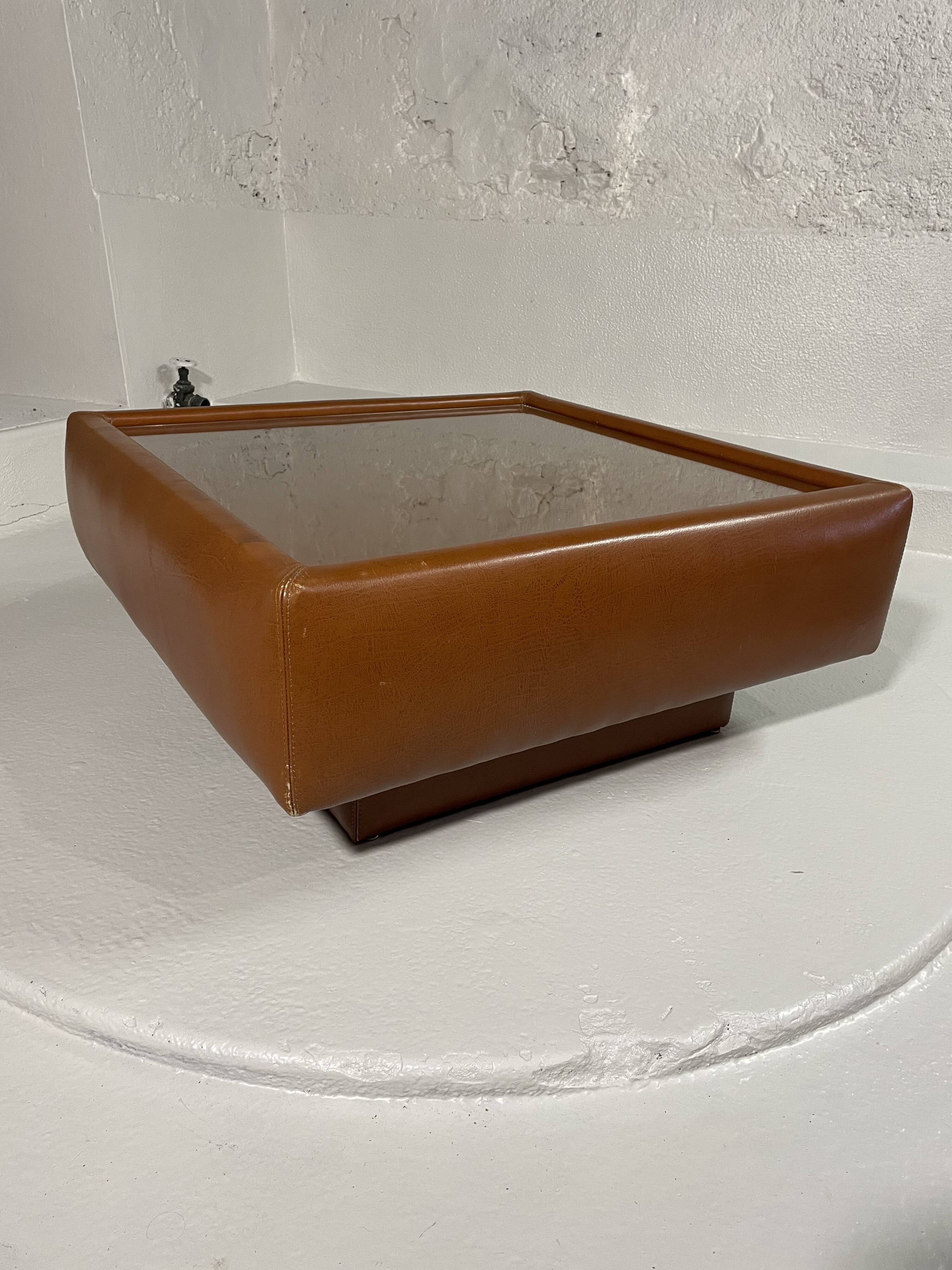 Cognac faux leather & glass coffee table
