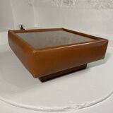 Table basse simili cuir cognac & verre