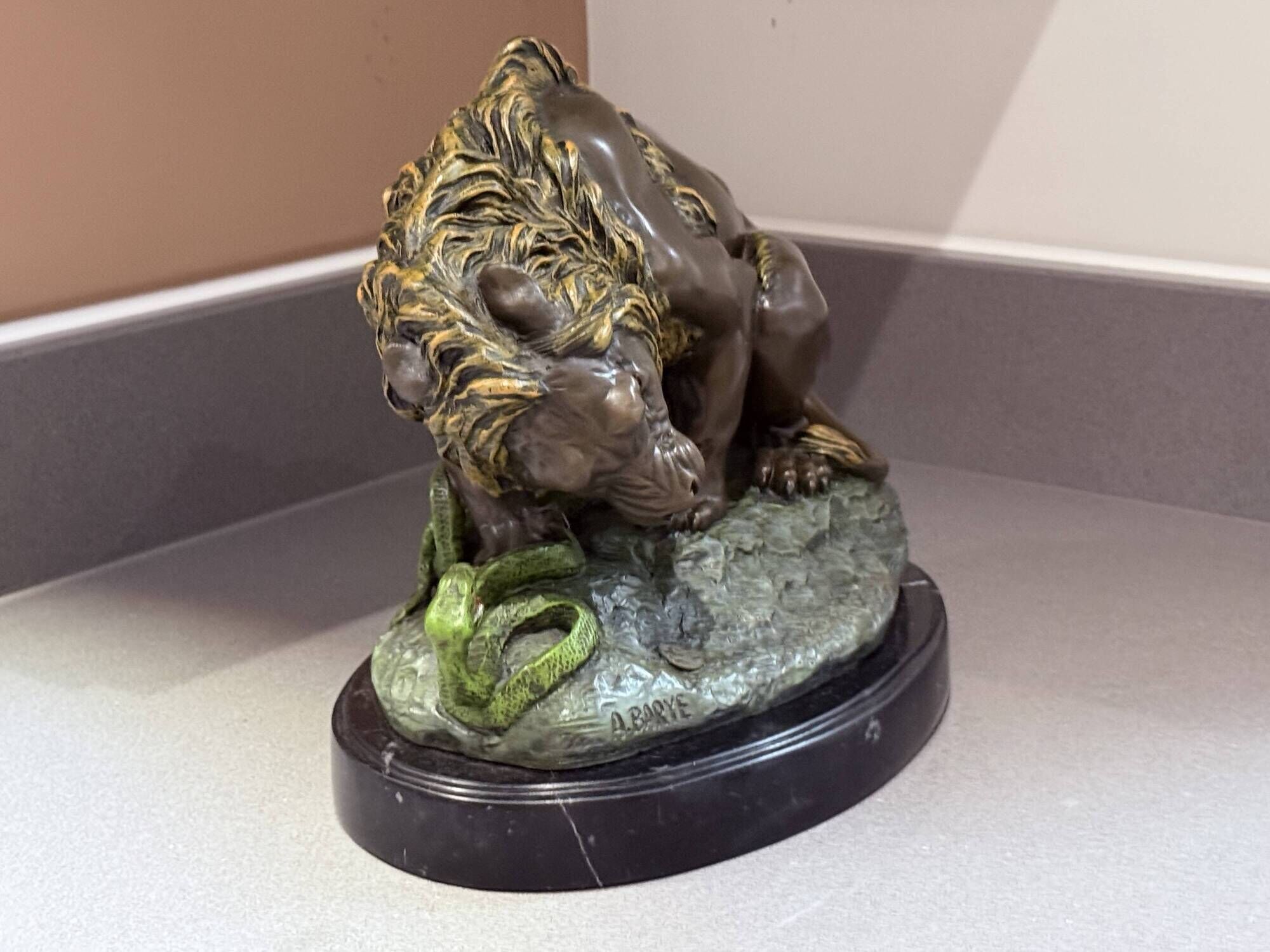 Antique Cold-Painted Bronze Lion Fighting a Snake, After Antoine-Louis Barye
