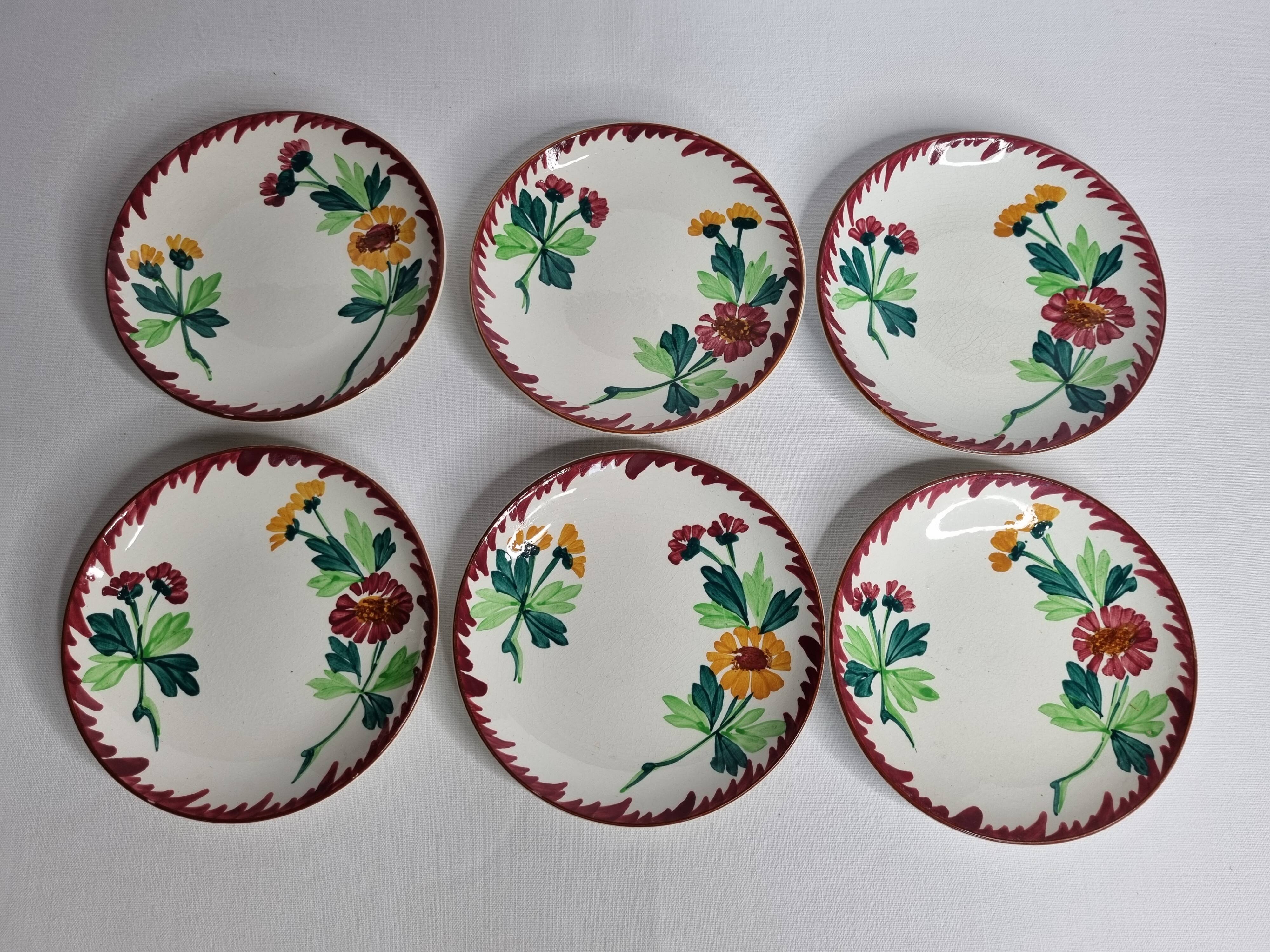 Set of 6 old Sarreguemines earthenware dessert plates, Colmar decor, 1920