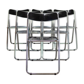 Black and Chrome Folding Chairs, Set of 6, 1970s