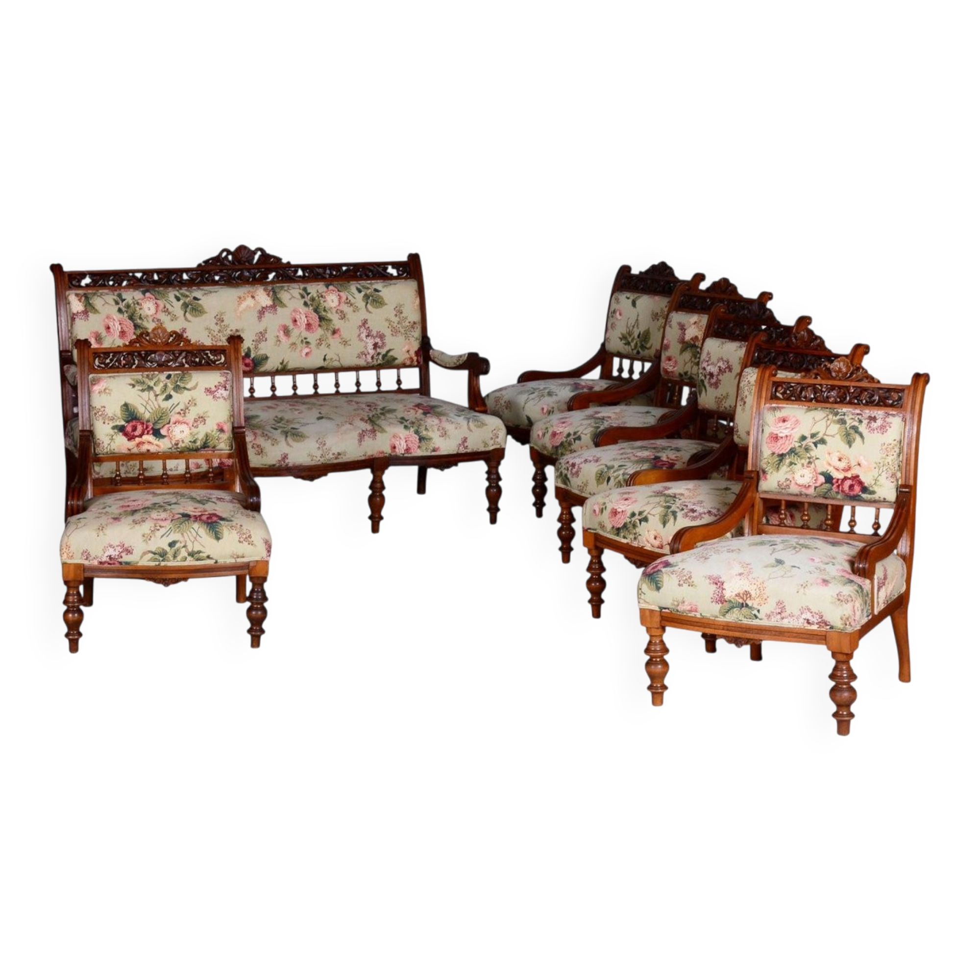 Czech Living Room Set in Beech and Walnut, 1890s, Set of 7