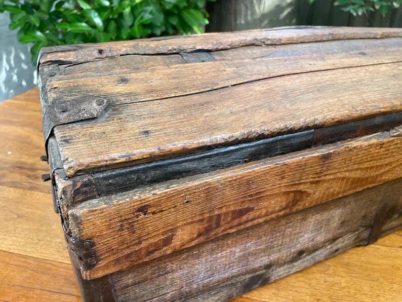 Antique French Wood Iron and Hide Handmade Wood Chest or Trunk