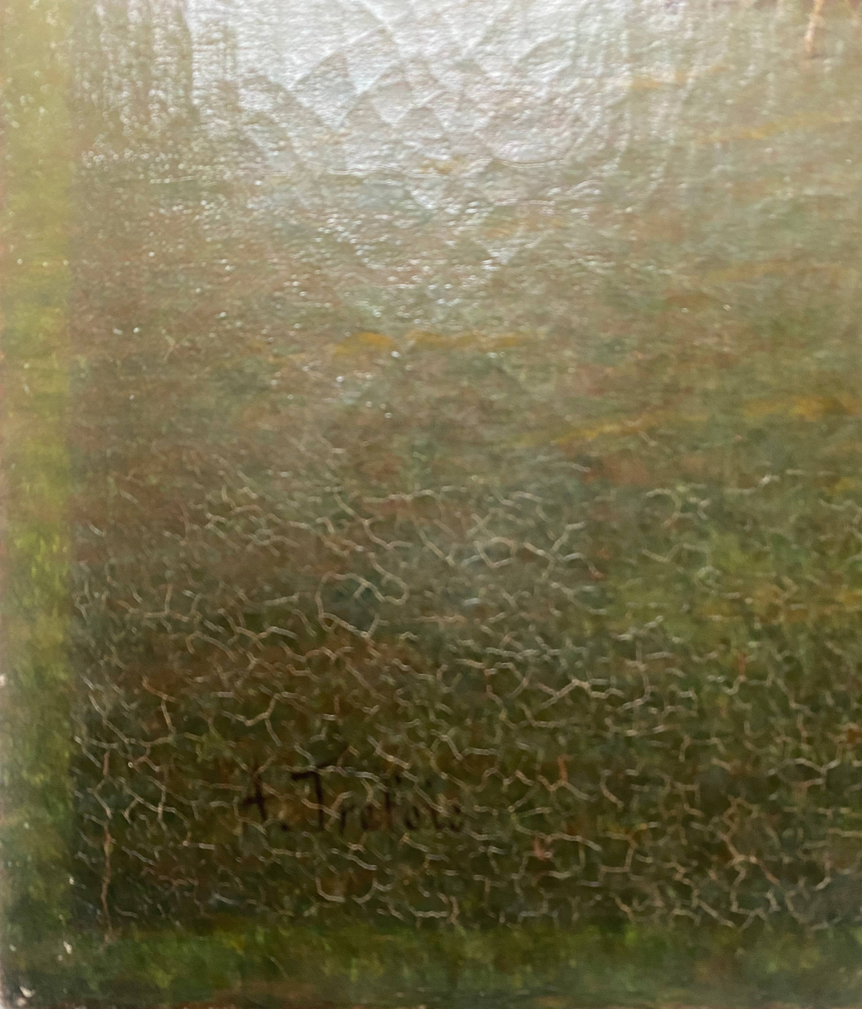 HST painting 19th century Shepherd with sheep and dog in mountain pasture signed A. Treviens