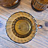Orangeade set with pitcher and 6 amber glass glasses with "woven" fabric surround