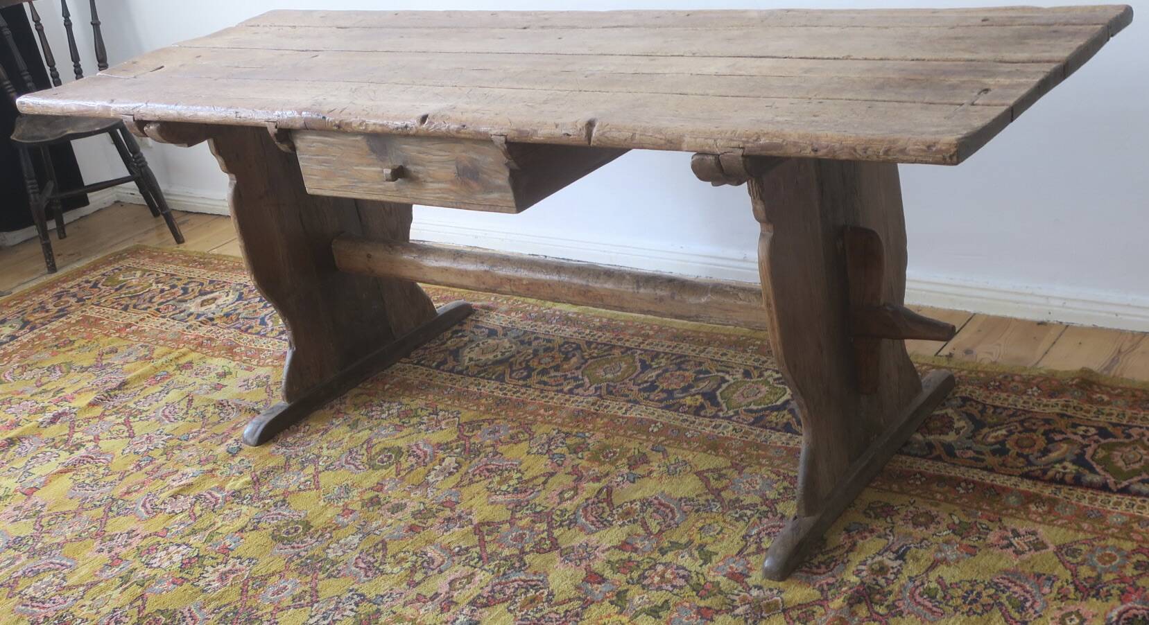 Large antique pine trestle dining table with drawer, Sweden 1780