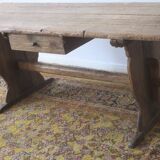 Large antique pine trestle dining table with drawer, Sweden 1780
