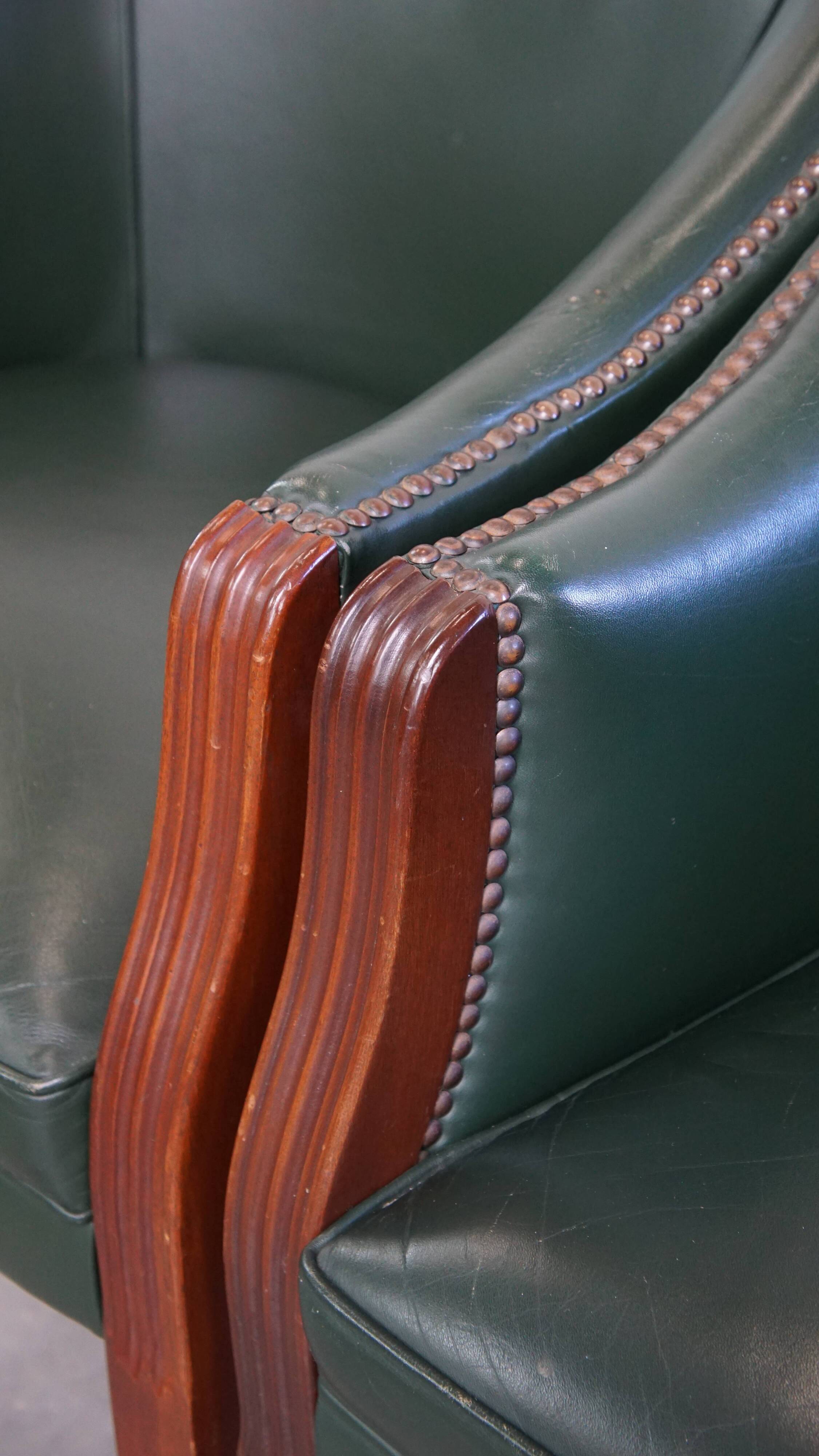 Set of 2 Green Cowhide Leather and Wooden Side/Dining/Office Chairs
