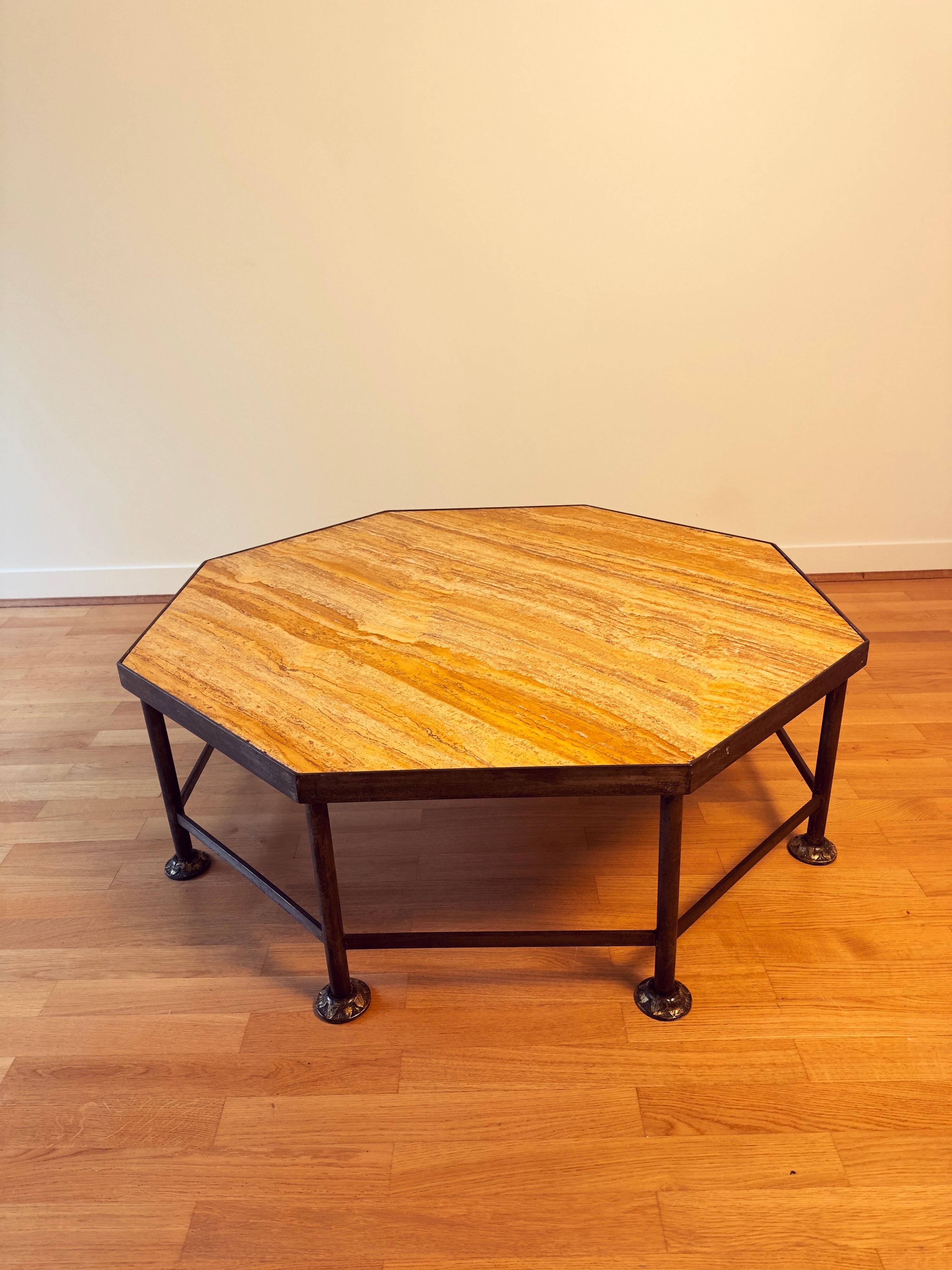 French Octagonal Travertine Coffee Table in the Style of Maison Jansen, 1960s