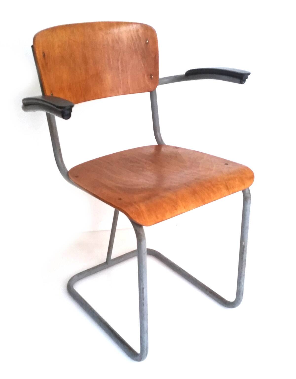 Dutch plywood vintage forties chair with bakelite armrests