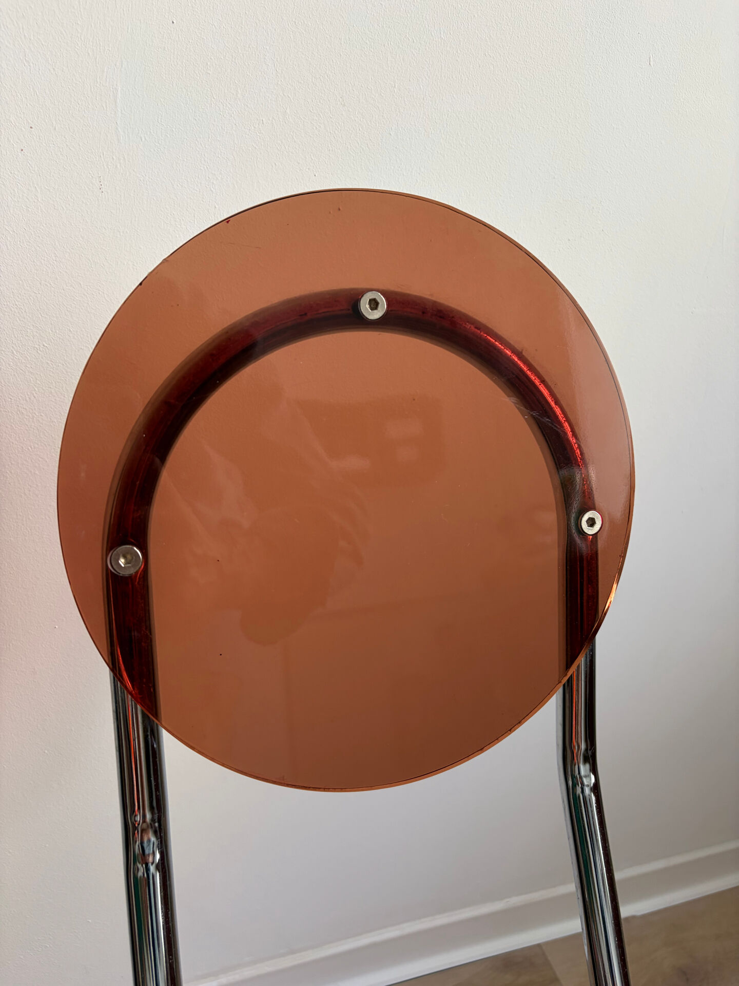 2 folding chairs Space Age plexiglass/steel round back/seat 1980s