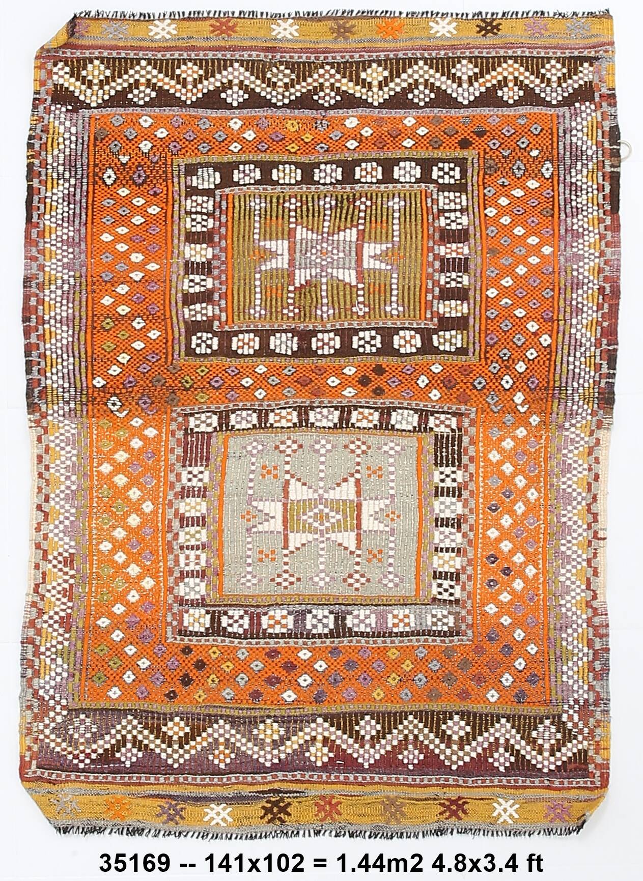 3x5 Orange & Green Small Size Vintage Kilim Rug, 102x141Cm