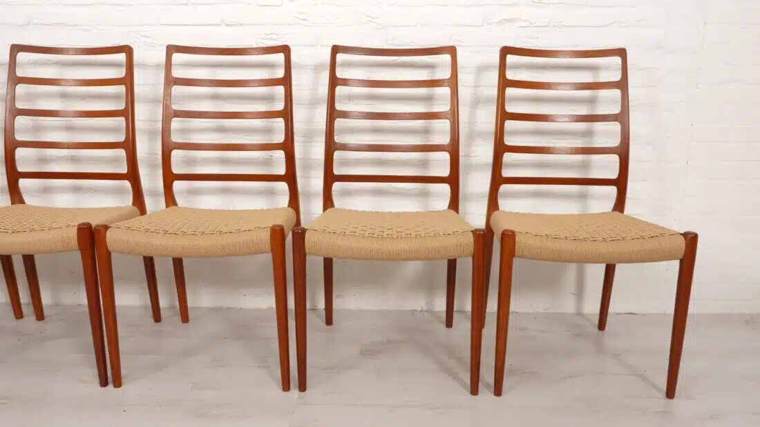 6 x vintage dining chairs | Niels Otto Møller | Model 82 | Papercord | Teak