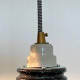 Pair of black and white industrial pendant lights with ceramic sockets