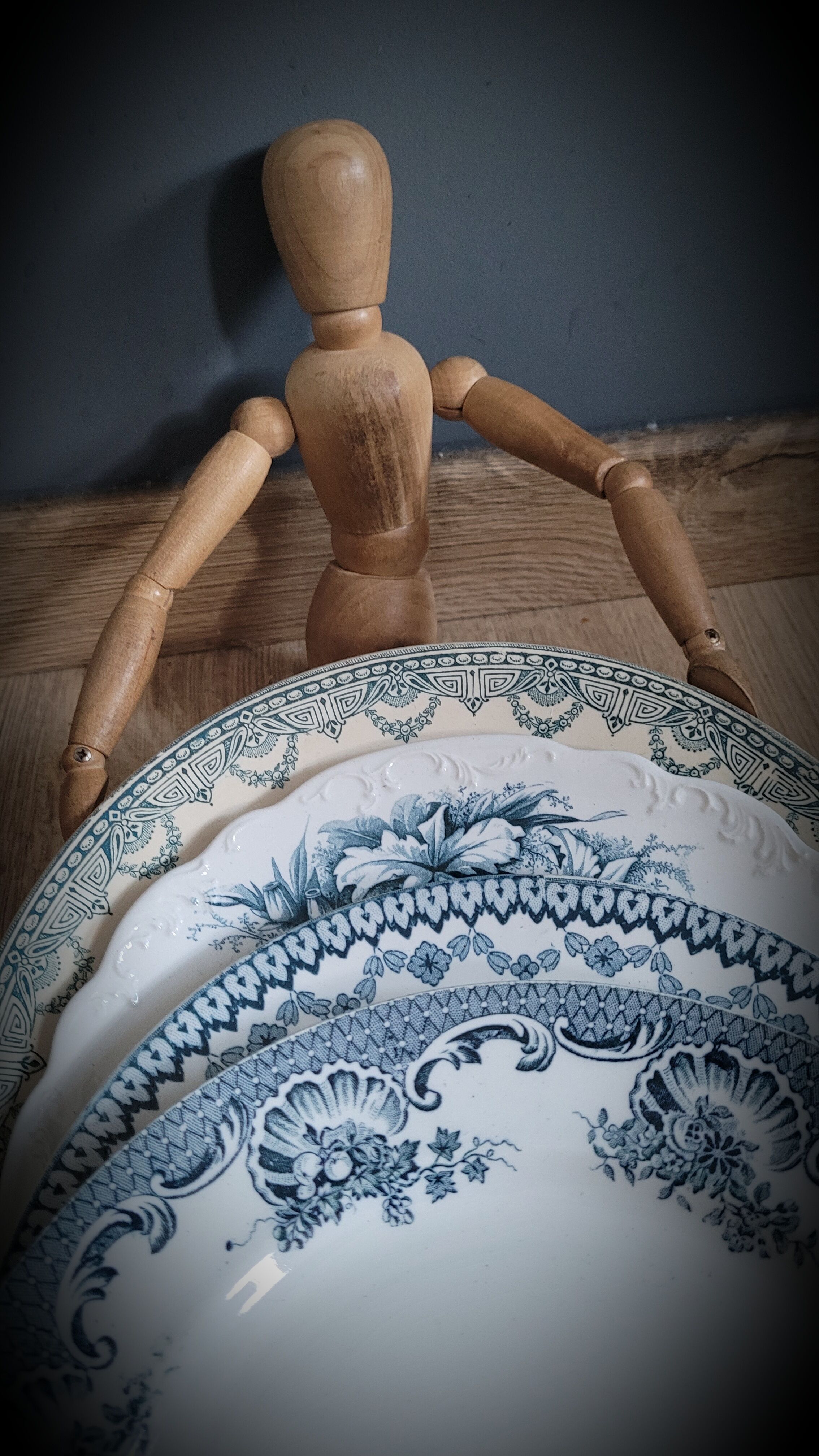 Quartet of mismatched blue plates