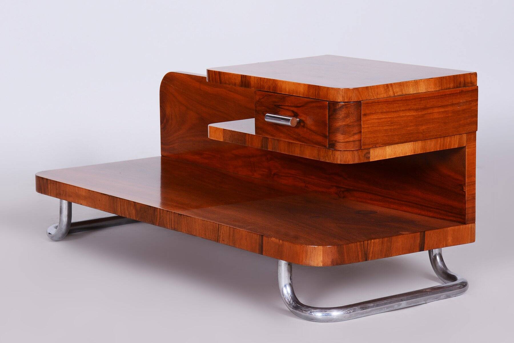 Art Deco Pedestal Table in Walnut & Chrome attributed to Mücke Melder, Czech, 1930s
