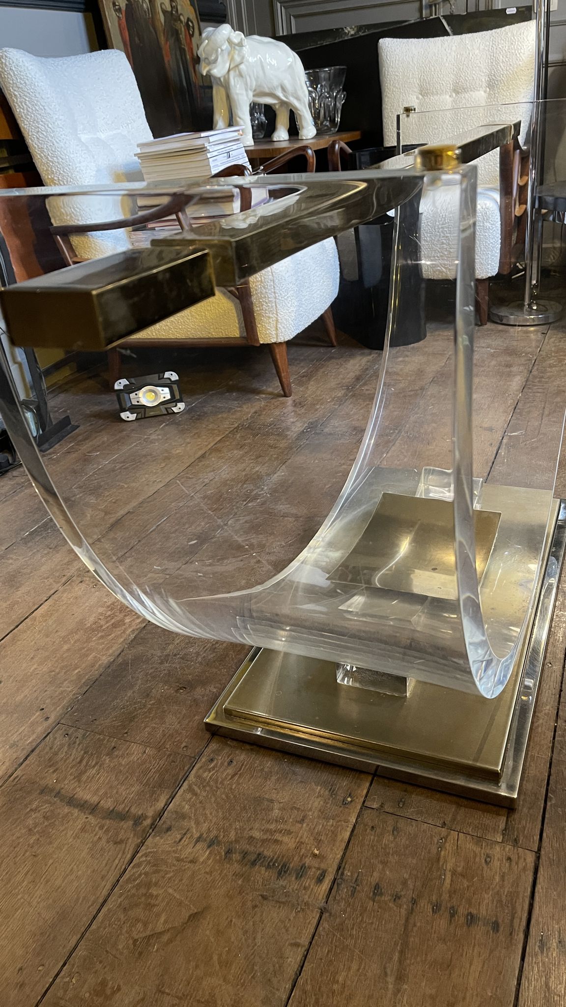 Dining room table by Charles Hollis Jones, lucite & brass, hollywood regency style, ca 1970
