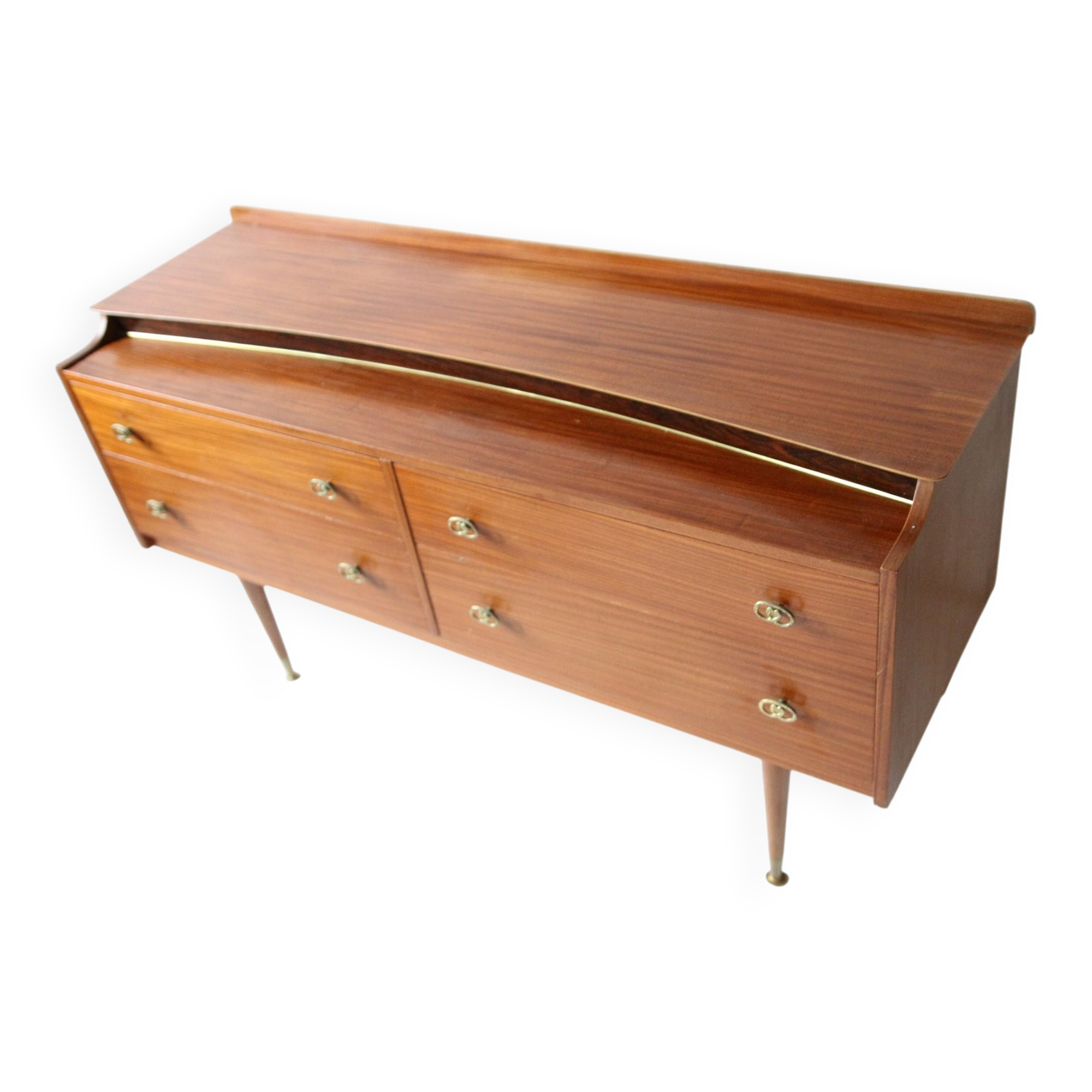 Vintage teak enfilade in brown, 1960s — brass mesh top and Dansette legs.