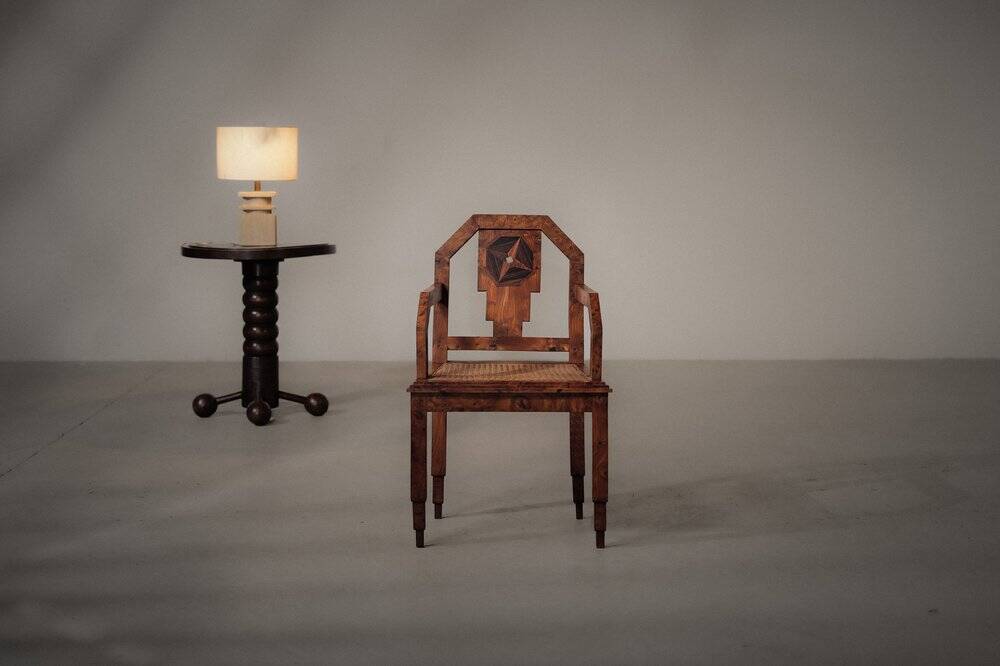 Art Deco armchair, marquetry and cane, circa 1930