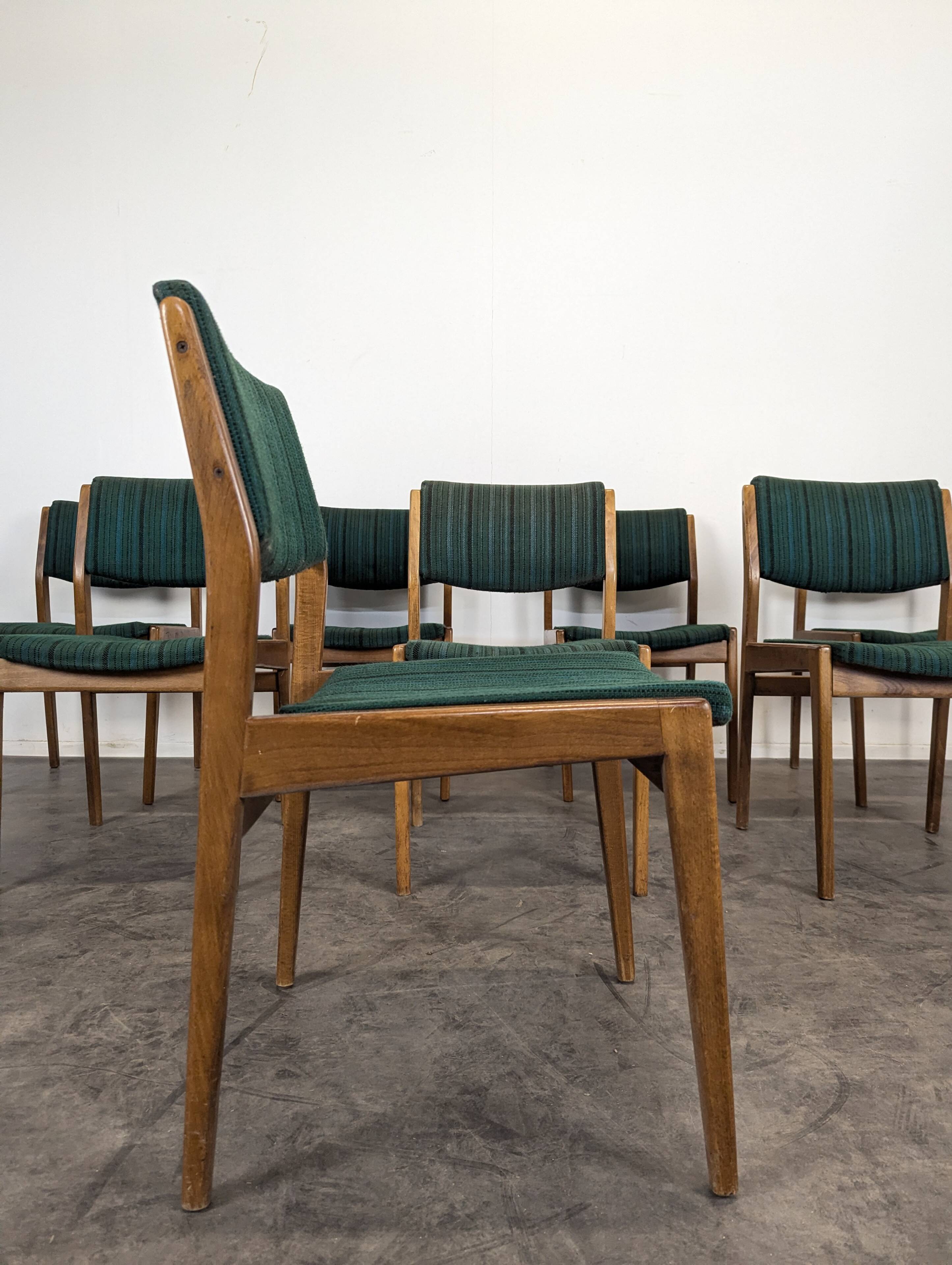 Set of 8 vintage green fabric chairs.