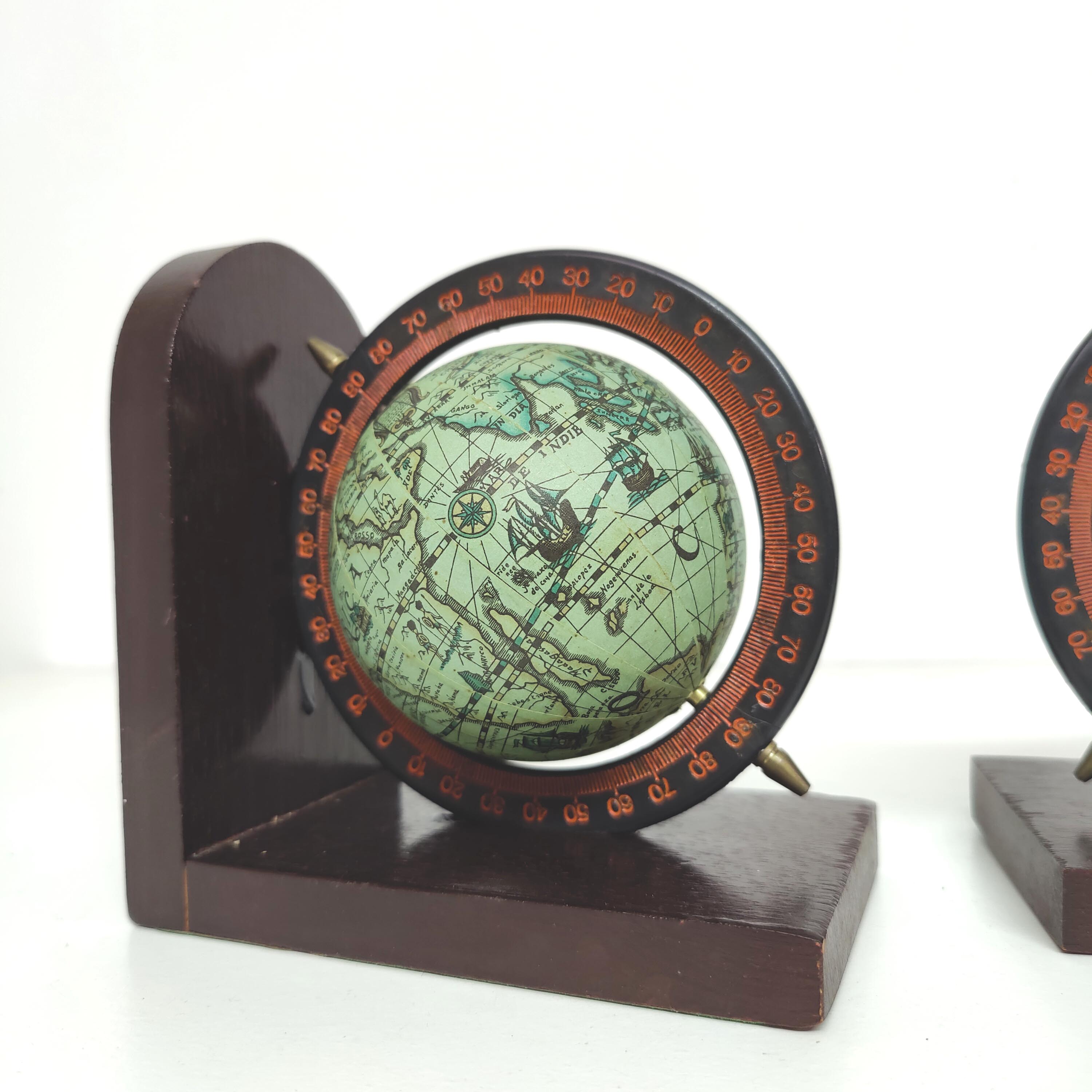 Pair of bookends vintage globe world map wood paper
