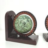 Pair of bookends vintage globe world map wood paper