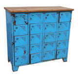 Casier ancien en métal bleu avec plateau bois