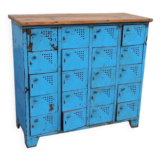 Casier ancien en métal bleu avec plateau bois