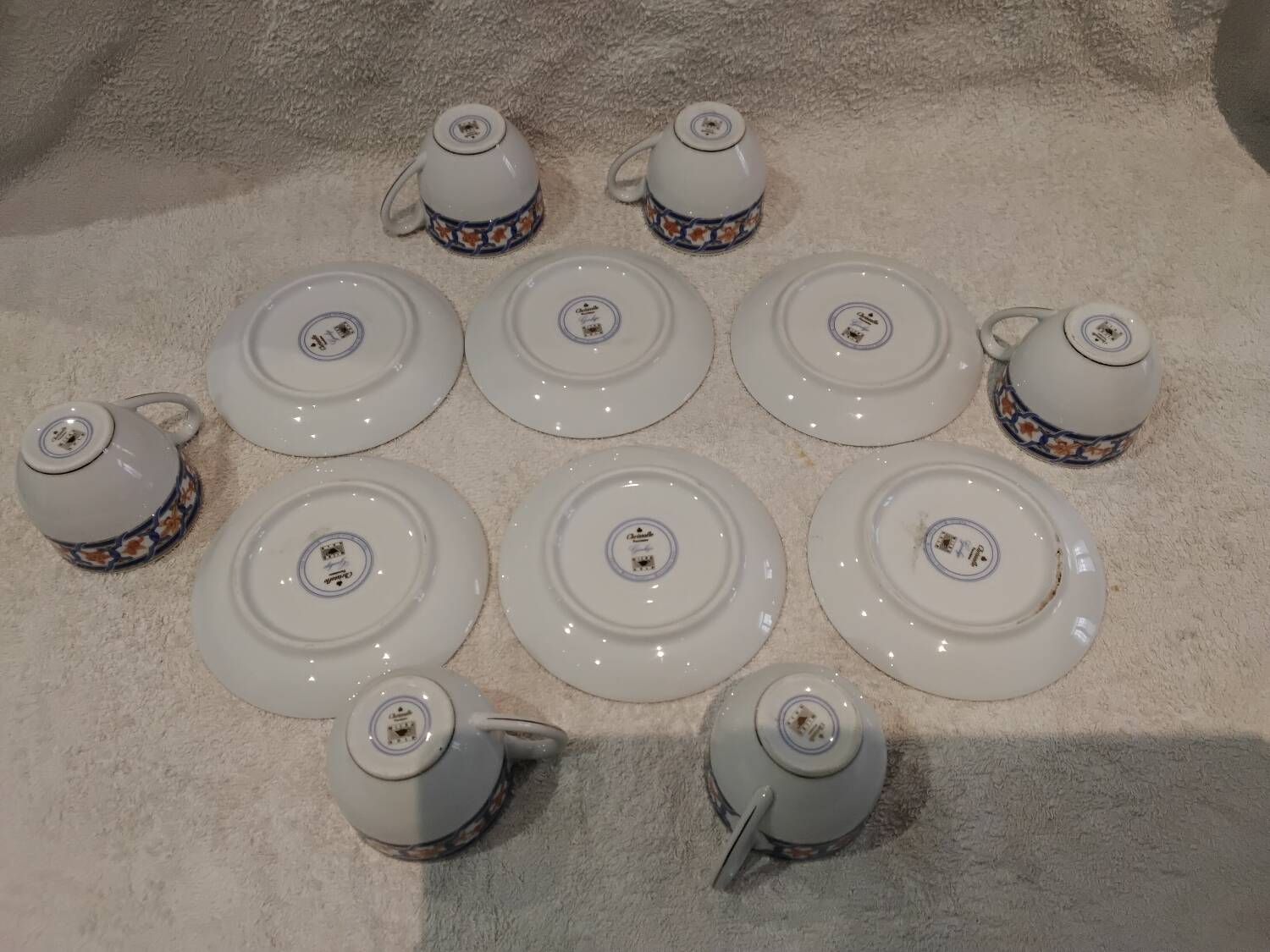 6 cups and 6 saucers, Christofle porcelain, Oceana Ginkgo blue pattern