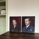 Old oil painting on cardboard portrait of a man in a dark suit