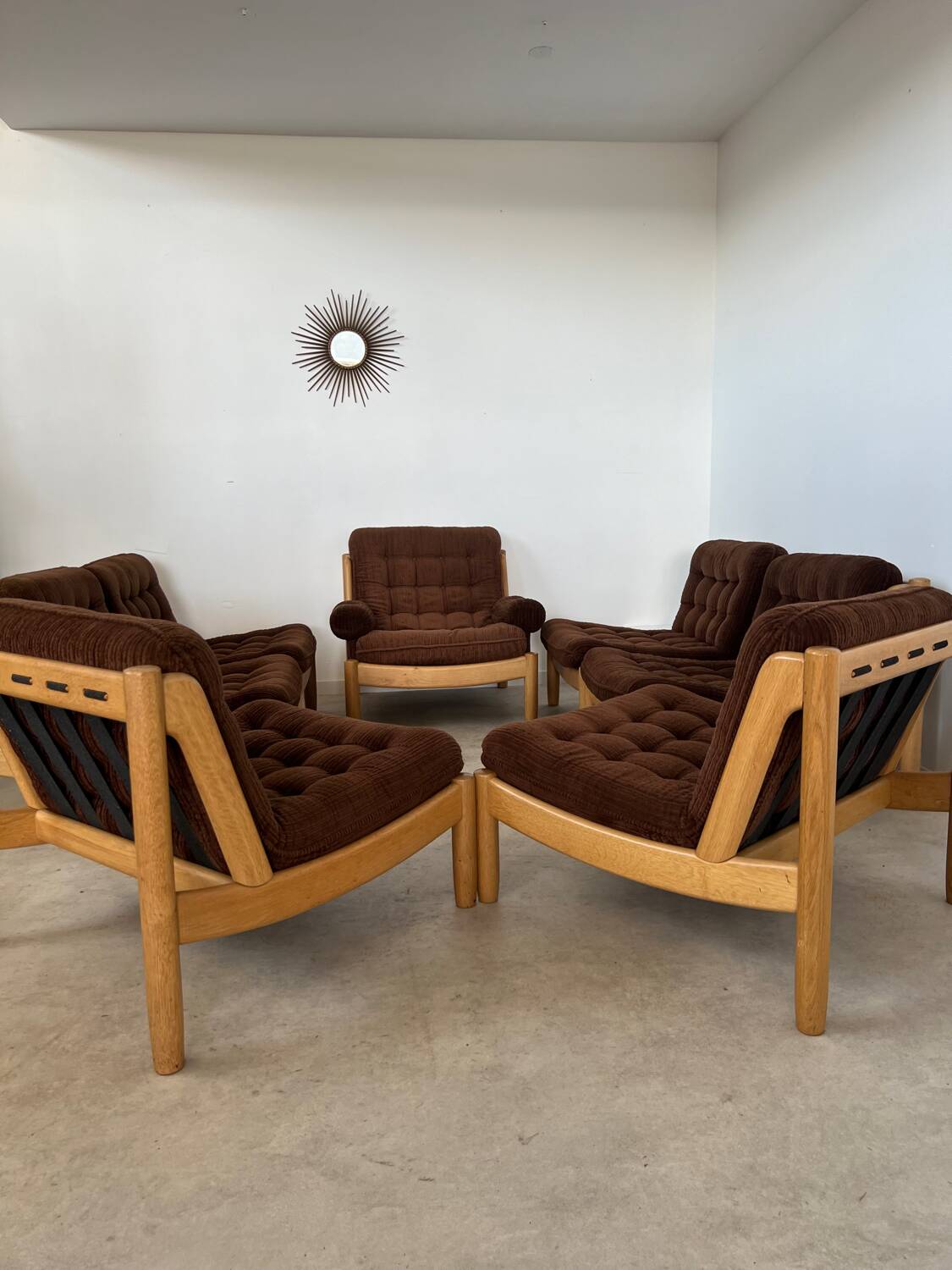 Old modular living room 7 armchairs and vintage Scandinavian design coffee table from the 60s