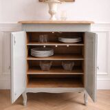 Small vintage piece of furniture with a shallow depth, re-enchanted in grey-green.