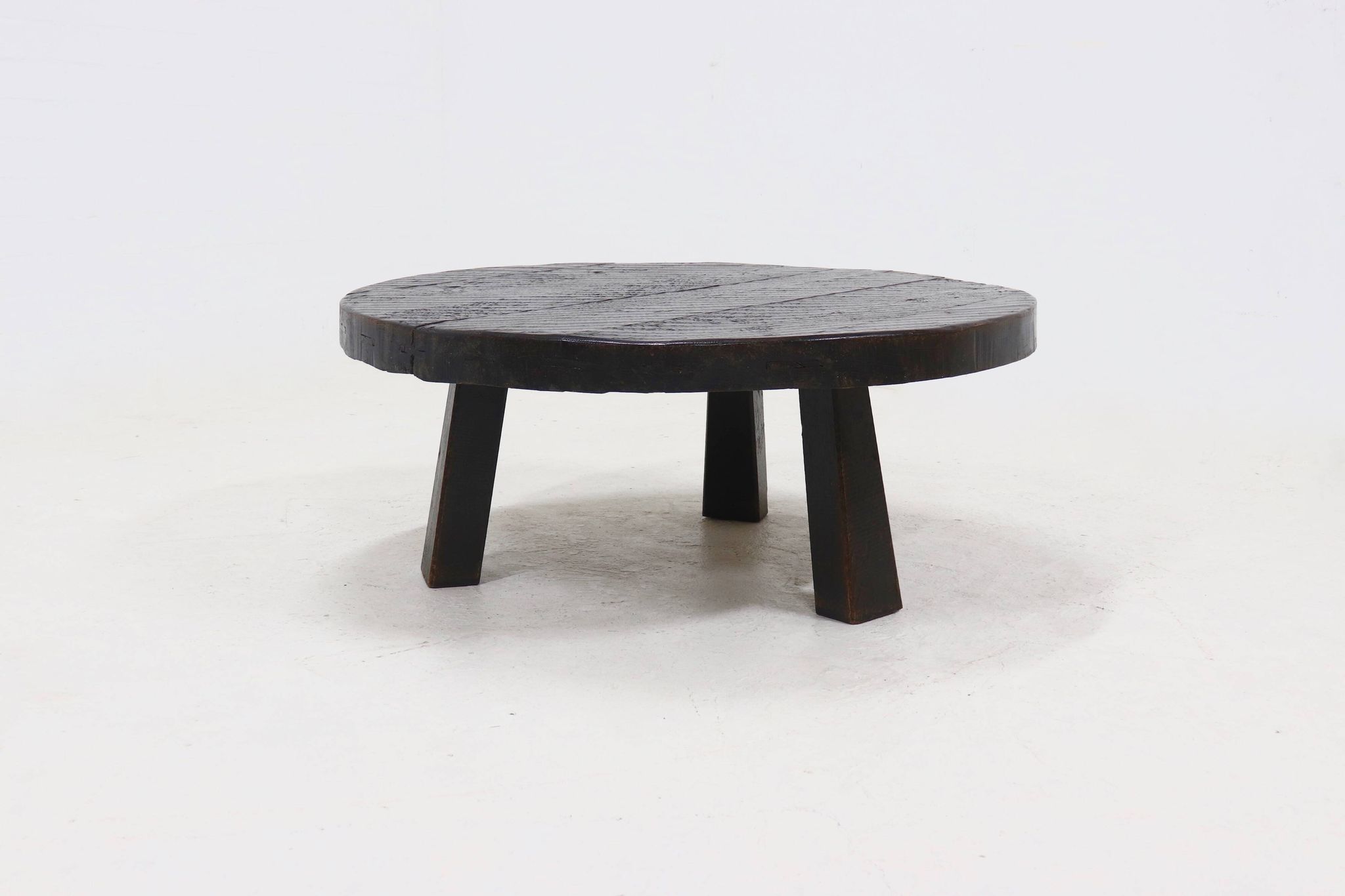 Brutalist Solid Stained Oak Round Tripod Coffee Table 1970s