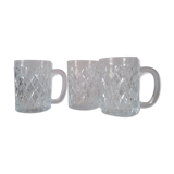3 diamond-patterned glass mugs