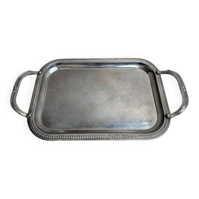 Petit plateau ancien en métal argenté à poignées – décor gravé