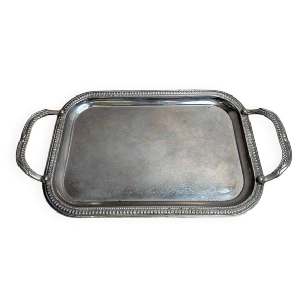Petit plateau ancien en métal argenté à poignées – décor gravé