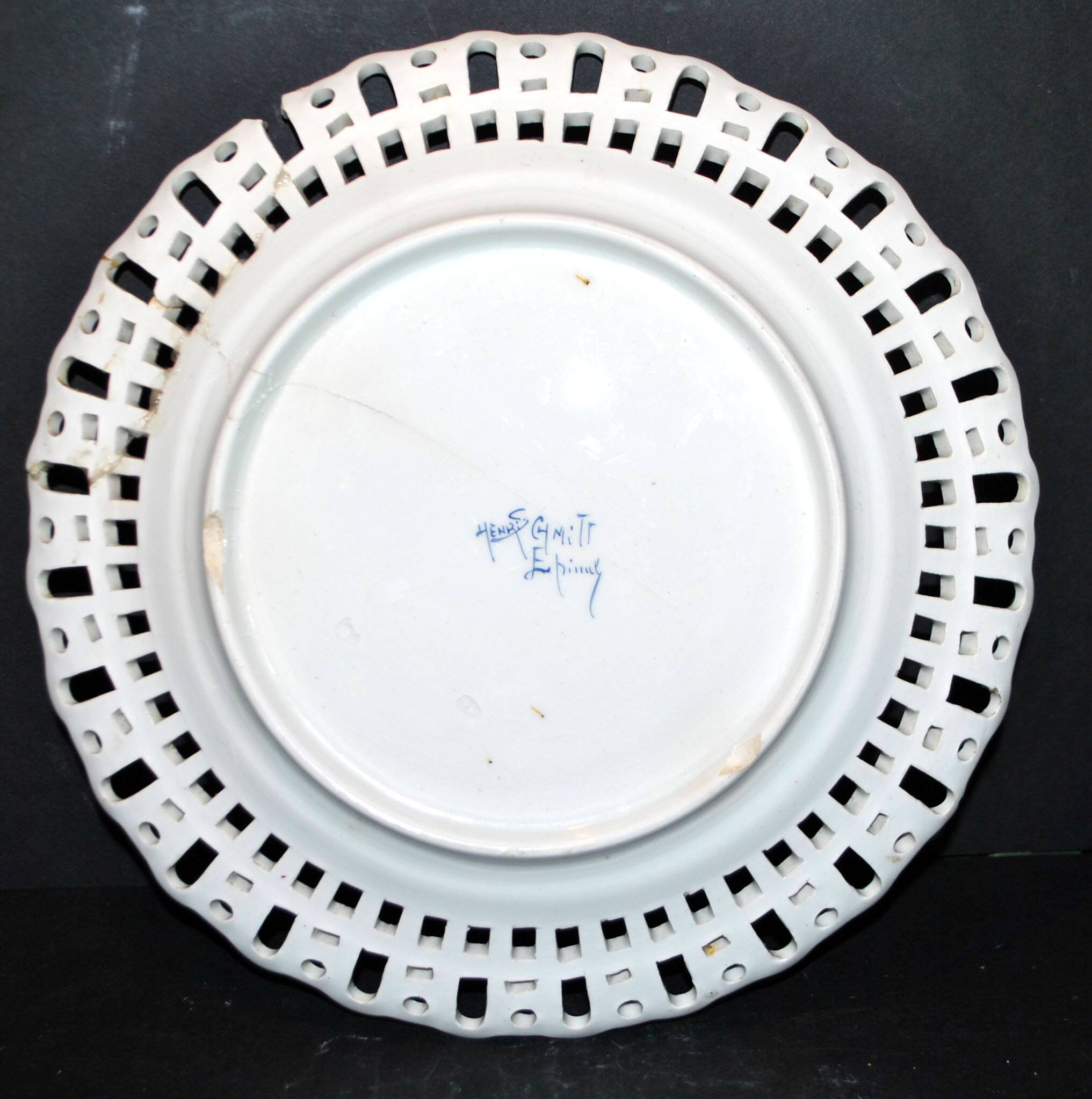 Painted collector's plate with openwork edge epinal by henri schmitt 1900
